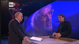 Flavio Briatore e Michele Santoro durante il programma 'Italia' su Rai 2. In apertura la dichiarazione di voto per il SI di Briatore.